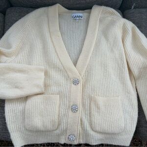 Ganni Cream Ribbed Cardigan with Crystal Buttons